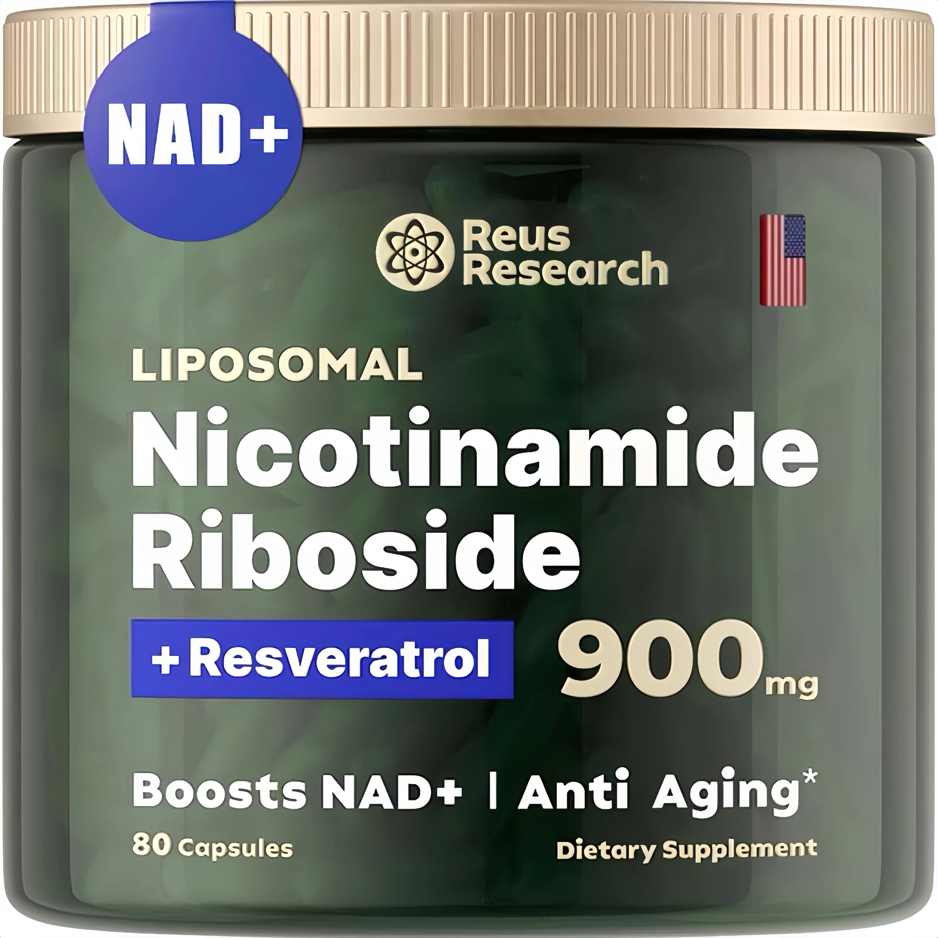 Nad+ نيكوتيناميد ريبوسيد + ريسفيراترول - مكمل كبسولة غير نكهة - دعم الخلوية والطاقة والتركيز - توفر حيوي عالي - 80 كبسولة - 900 ملغ