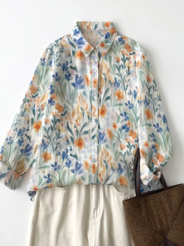 2025년 봄 루즈핏 롱 슬리브 여성용 플로럴 프린트 자외선 차단 코튼 린넨 혼방 칼라 캐주얼 출퇴근 슬레