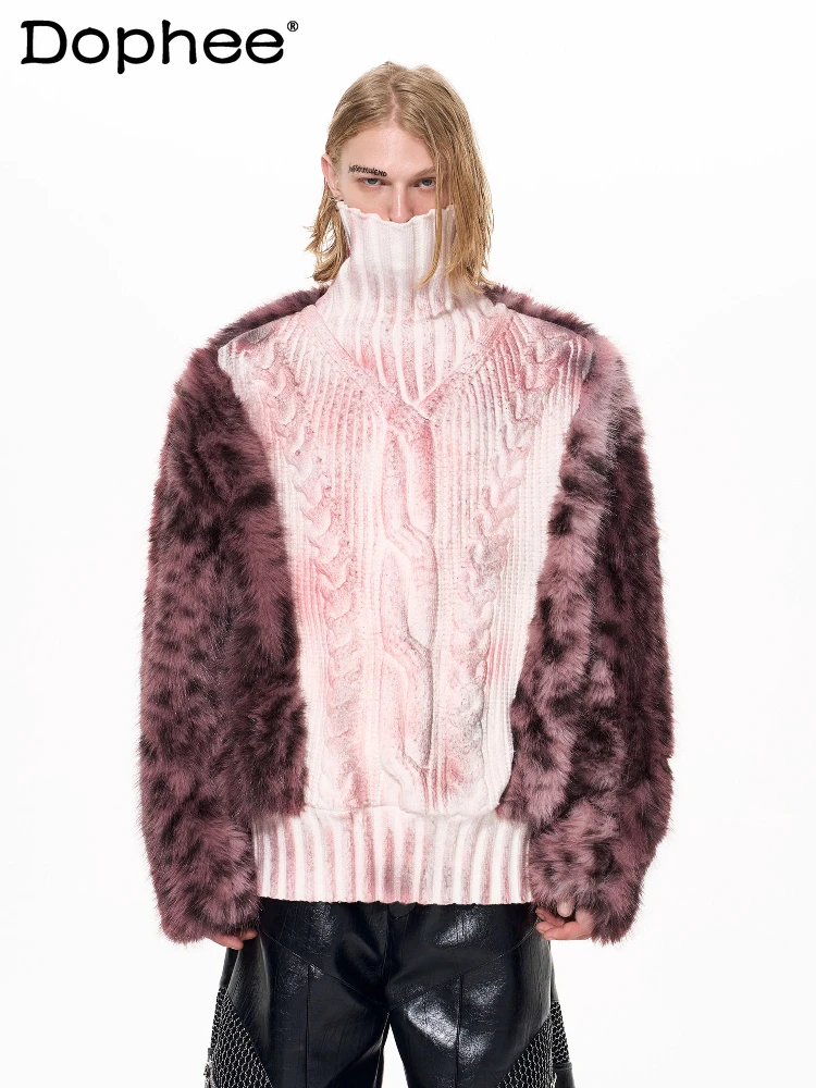 الرجال 2025 شتاء جديد دافئ سميكة الصوف مبطن محبوك البلوزات الرجال ضوء الفاخرة ليوبارد طباعة الفراء الربط عالية الرقبة سترة #1