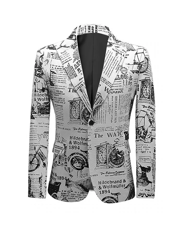 Vintage Old Newspaper 3D Casual Men\'s Suit Casual Travel Vintage Classic Style Men\'s Work Attire