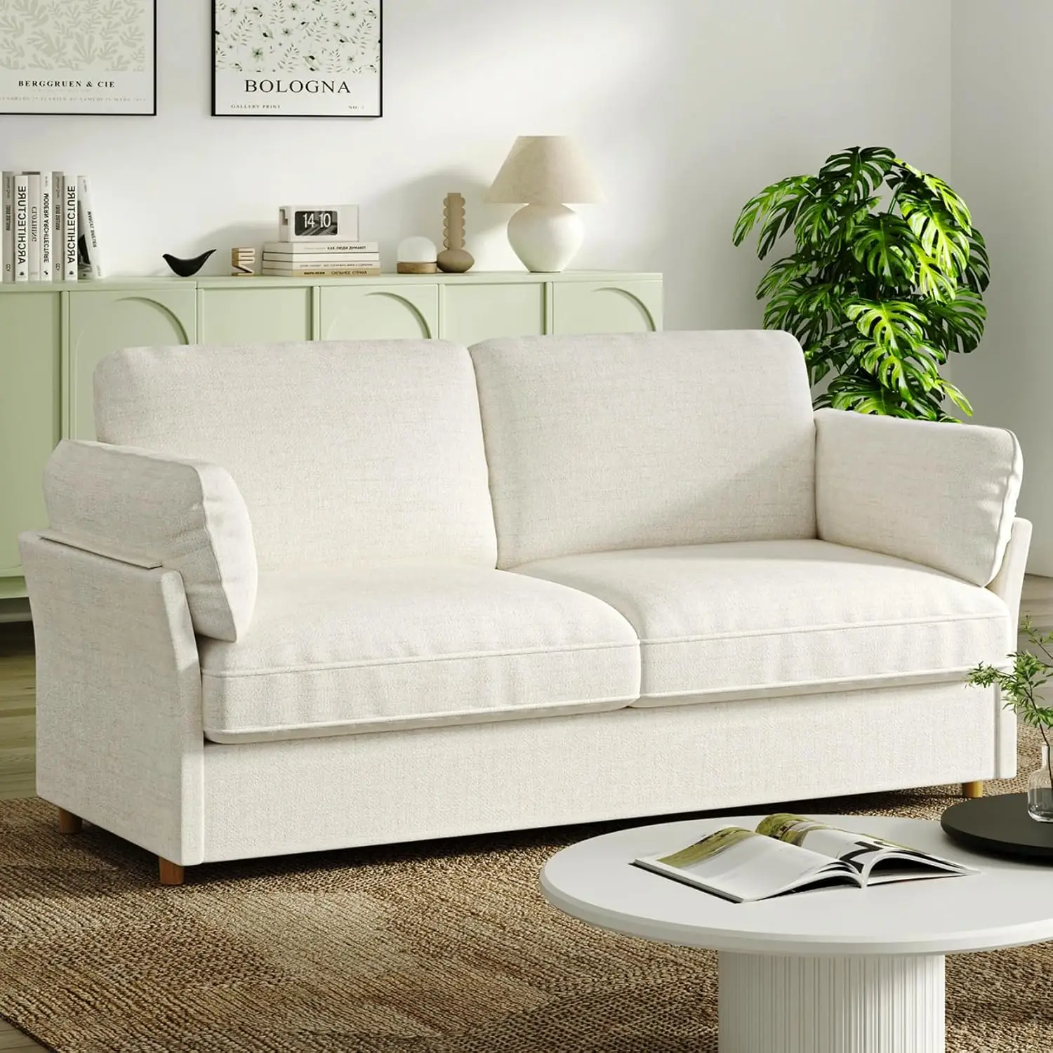 Vesgantti-sofá bege de 70 polegadas, sofá moderno e confortável com assento profundo e almofadas macias, pequeno sofá para sala de estar