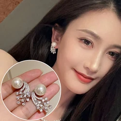 MeiBaPJ DIY 925 Silver Holder 11mm Natural Semiround Pearls Zircons Meteor Stud Earrings Fine Wedding Jewelry for Women