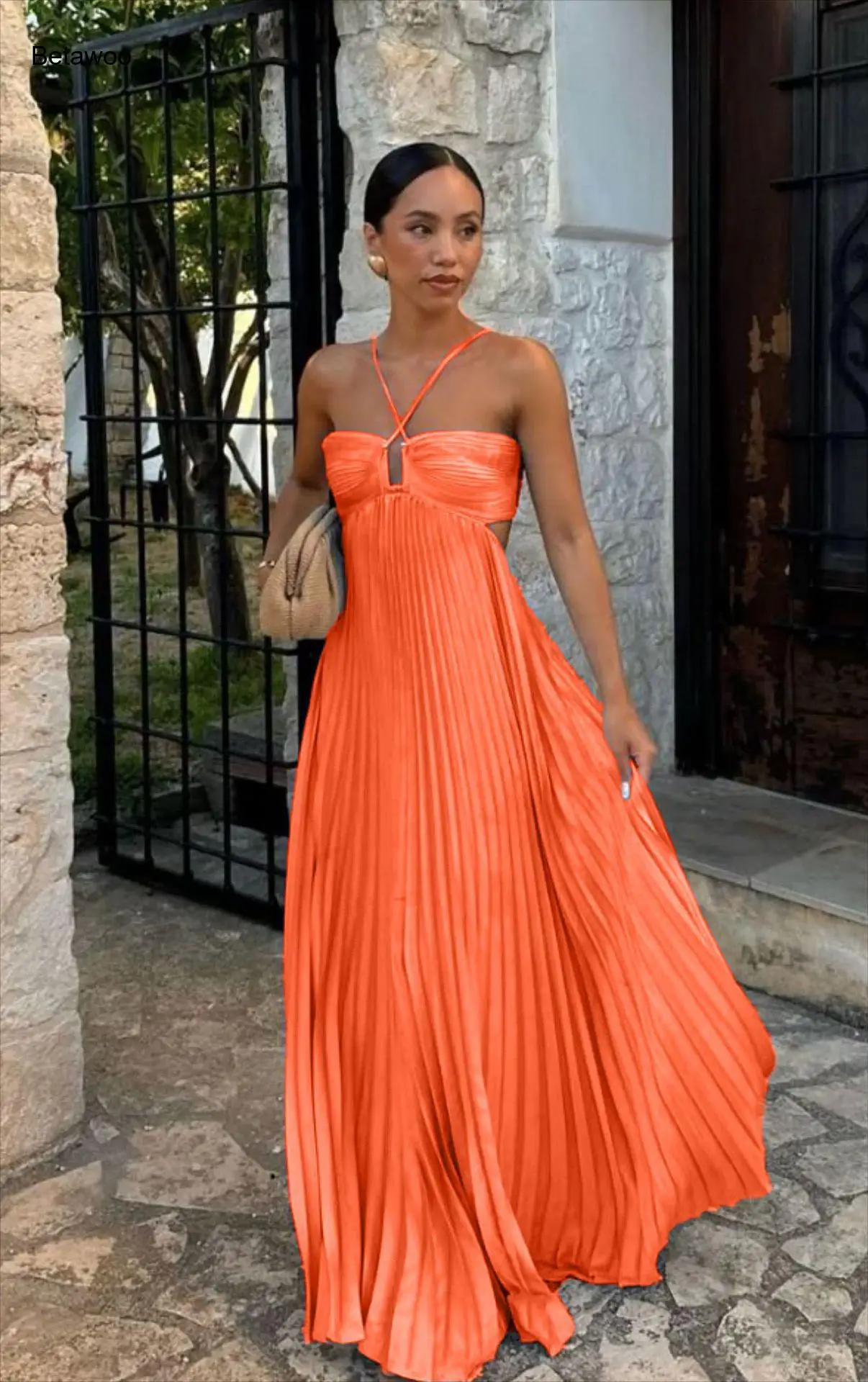 Damen Neckholder-Maxikleid Ärmellos mit Plissee und Taillenausschnitt