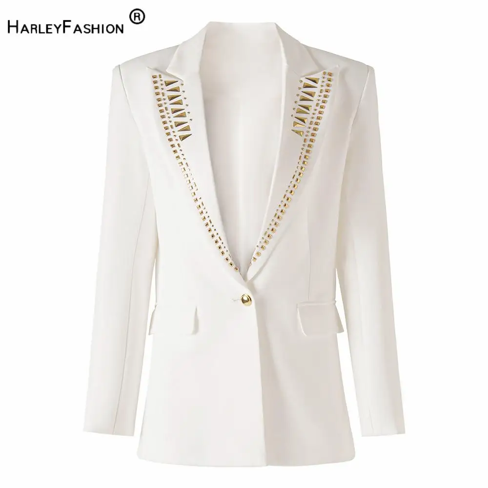 

Fashion Designed Lady Fall Autumn Rivet Coat Women Office Notched Long Sleeve Single Button Slim Fitted Blazer