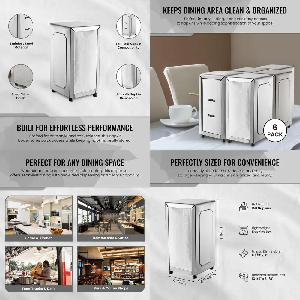 

Double-Sided Tall Napkin Dispenser - Stainless Steel - Holds 150 6 x 13 Napkins for Dining, Kitchen, and Food Service