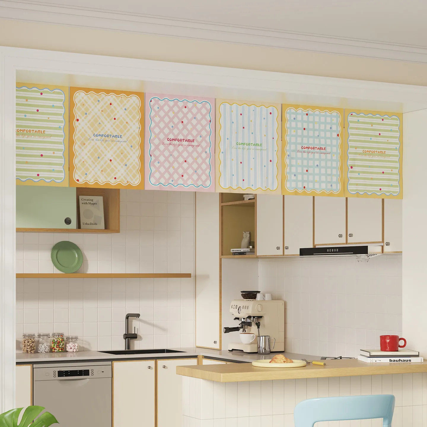 VIKAMA Cream Pleated Valance Curtain, Self Adhesive No Drill Short Window Curtain for Kitchen Living Room Decor
