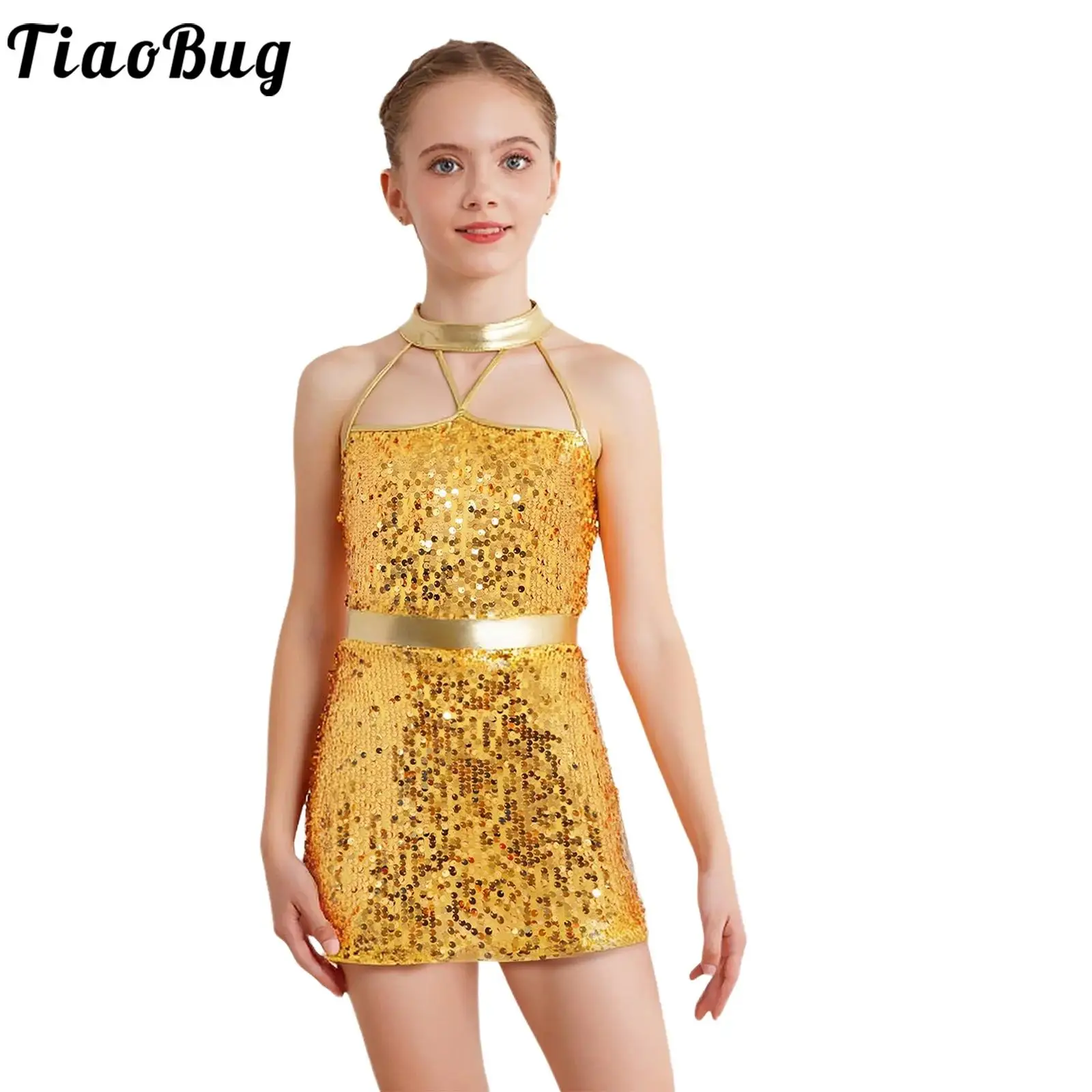 

Kid Girls Jazz Dance Dress Tango Modern Dance Figure Skating Performance Costume Halter Strappy Sparkly Sequins Dress and Shorts