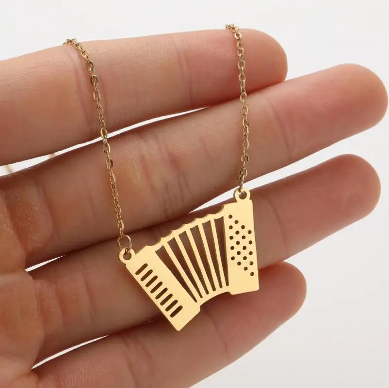 Shuangshuo Trendy Music Pendant Necklace for Women Men Stainless Steel Microphone Accordion Neck Chain Lucky Jewelry Gift