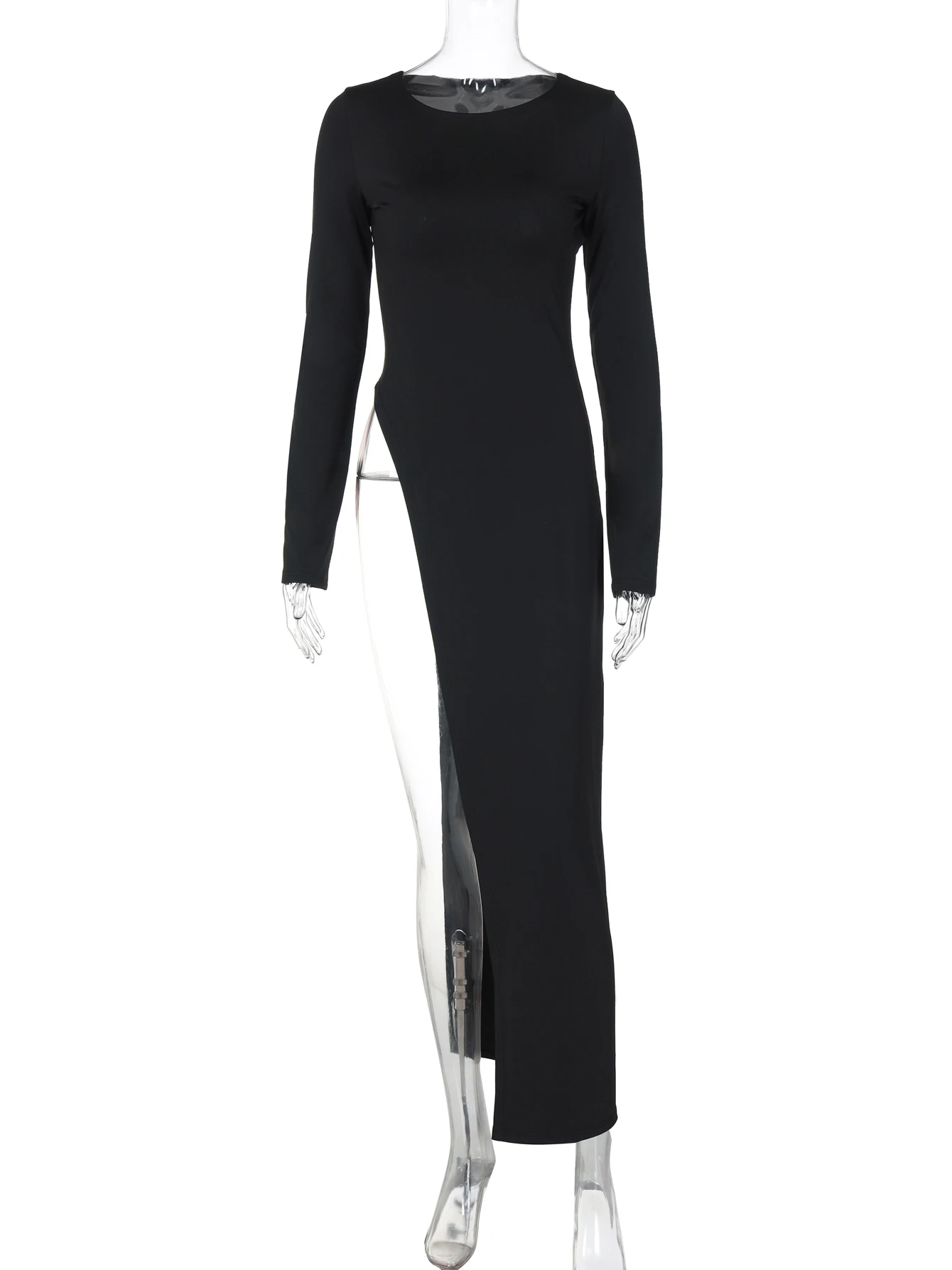 Hugcitar Black Long Sleeve Slit Sexy Bodycon Maxi Dress Spring Women Fashion Y2K Clothes Streetwear Party Festival Wholesale