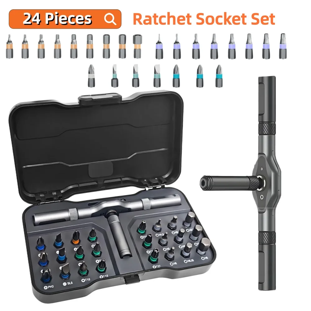 

Portable Screwdriver Kit 24 in 1 Magnetic Ratchet Screwdriver Set, DIY Magnetic Screwdriver Set with Detachable Handle&Multi-Bit