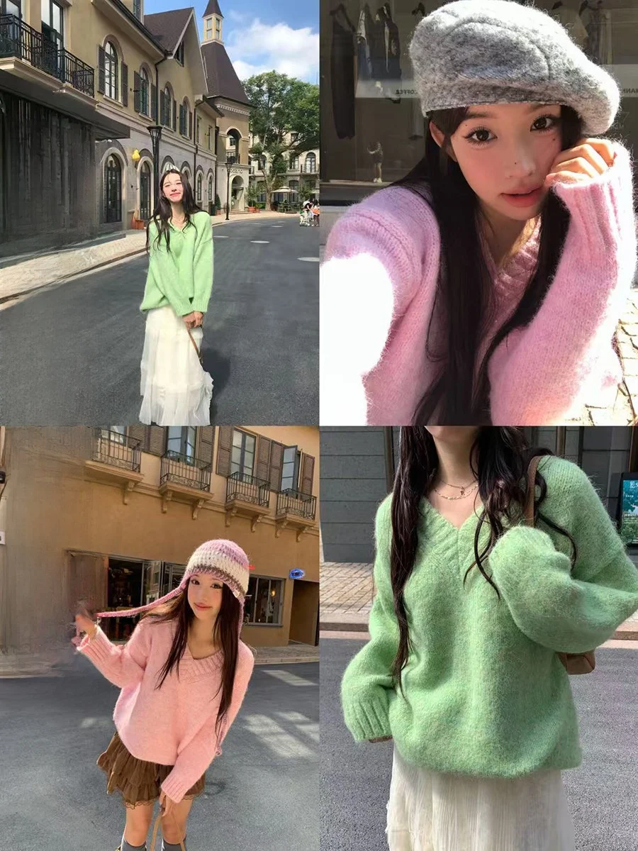 

Нежно-розовый вязаный свитер с V-образным вырезом, осень-зима 2025, повседневный, однотонный, с капюшоном, для женщин