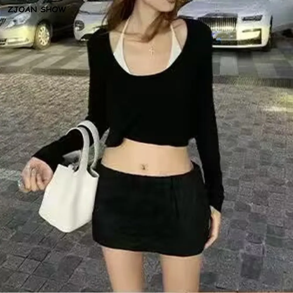 2025 Y2K Cotton Linen Low Waist Mini Skirt With short lining Sexy A-line Package Hips Mini Short Skater Party Femme Black Red