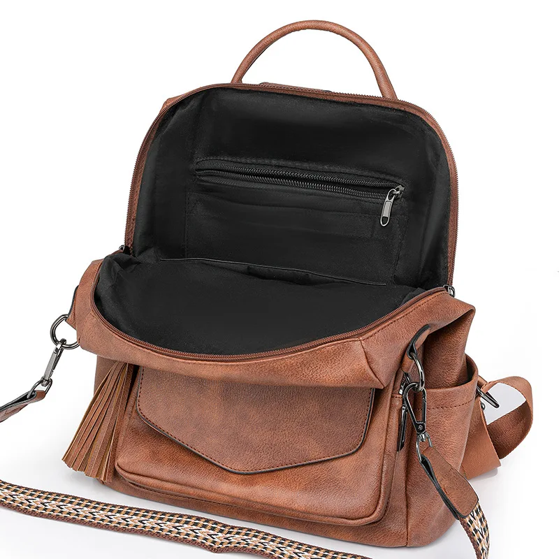 Spring Autumn Winter European and American Leisure Commuting Retro Double Color Tassel Large Capacity Backpack for Women
