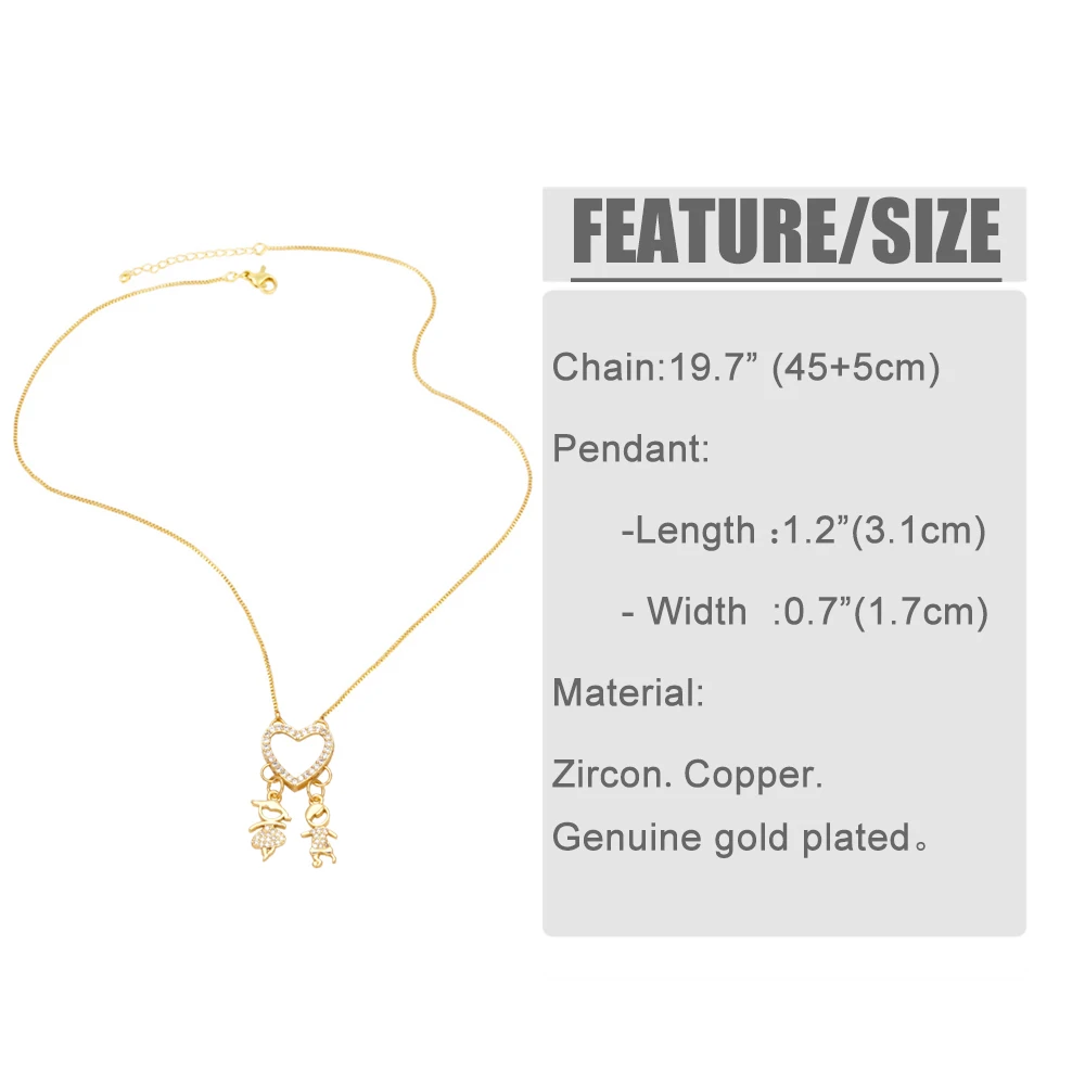 FLOLA Copper Zircon Boy and Girl Necklace Couple Jewelry Gold Plated Chain Love Heart Necklace Crystal Jewelry Gifts nkeb188
