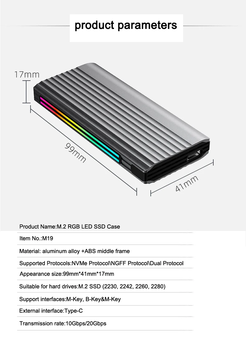 صندوق تخزين M.2 SSD RGB الضوء المحيط NVMe/NGFF بروتوكول مزدوج محرك الأقراص الصلبة الخارجية 20G صندوق القرص الصلب القابل للإزالة للكمبيوتر بدون أدوات