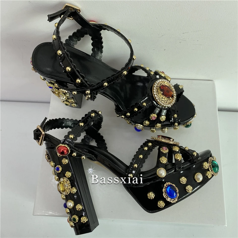 Luxury Diamond Chunky Heel Wedding Shoes Bridal High Platform Jeweled Rhinestone Ankle Strap Real Leather Sandals Women Summer