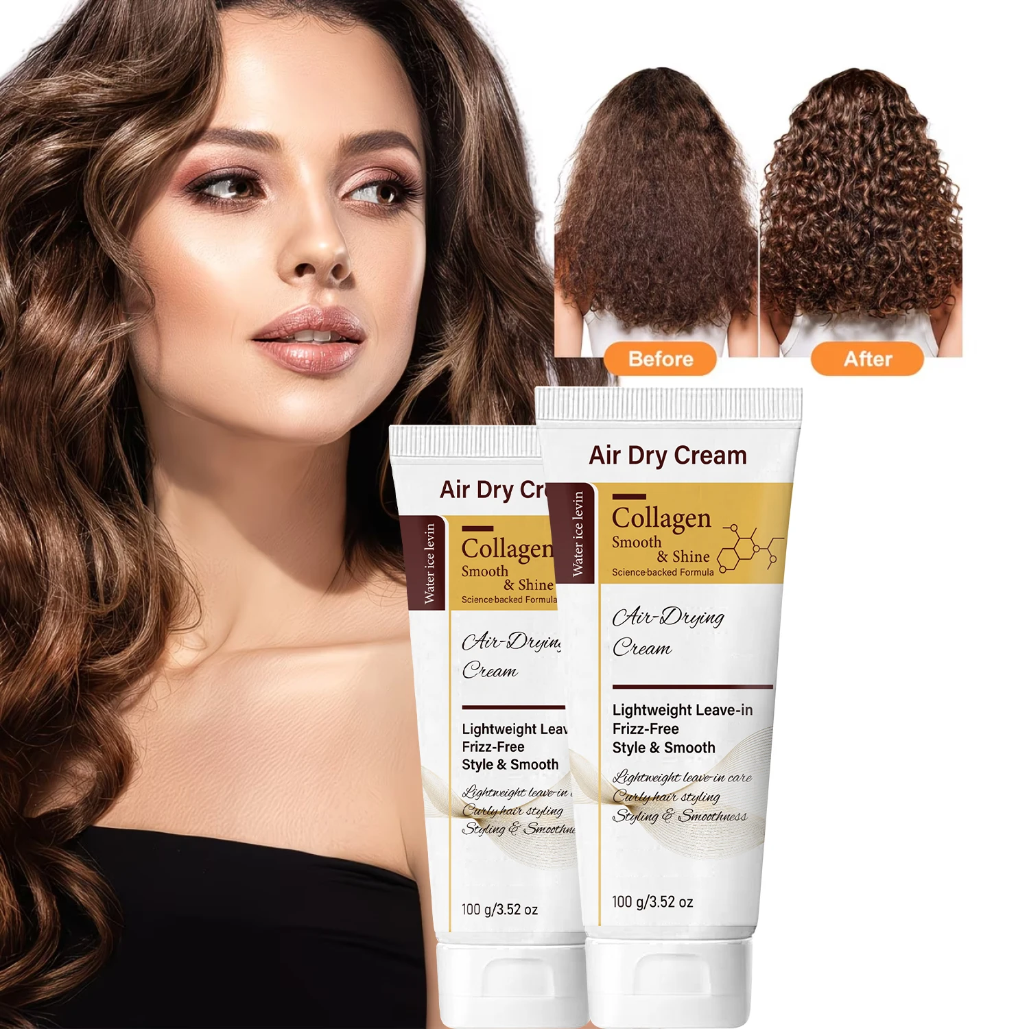 Water Ice Levin Air Dry Cream Collagen Smooth Shine Lightweight Leave-In Frizz-Free Curly Hair Styling Boosts Shine 100g