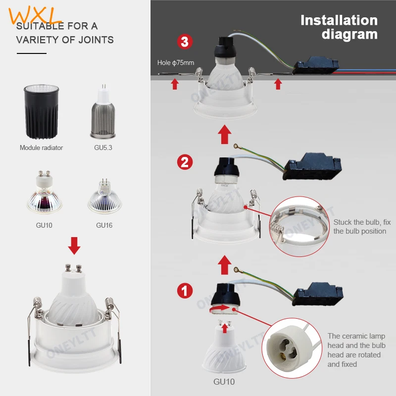 Round GU10 Recessed Downlight Replacement Kit Black MR16 Fitting Mounting Ceiling Spot Lights Frame GU5.3 Lamp Socket Holder