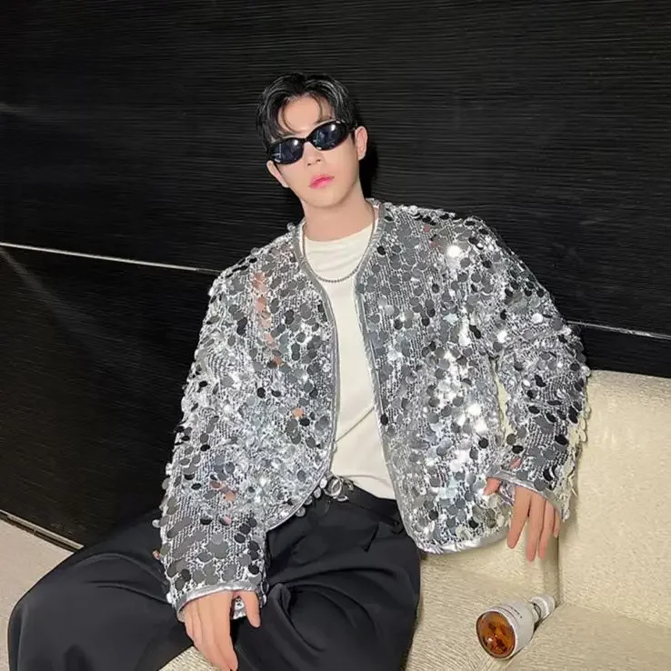 New Men's Shiny Sequin Coat Fashion Black Silver Long Sleeve Bomber Jacket Nightclub Party Singer Stage Performance Jazz Clothes