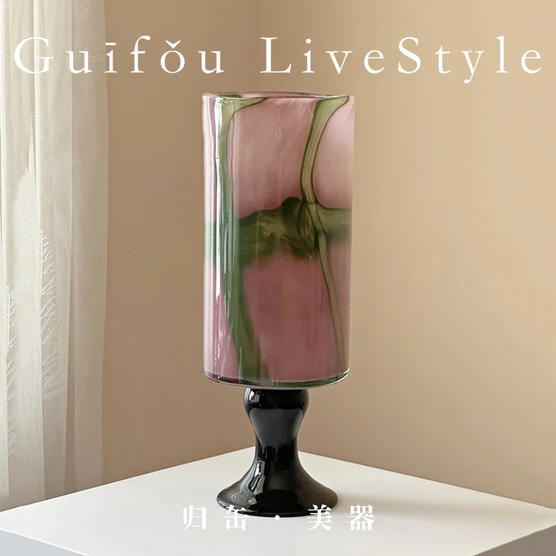 

Vase New Chinese high-end sense high-footed living room entrance ornament stained glass holly flower ware