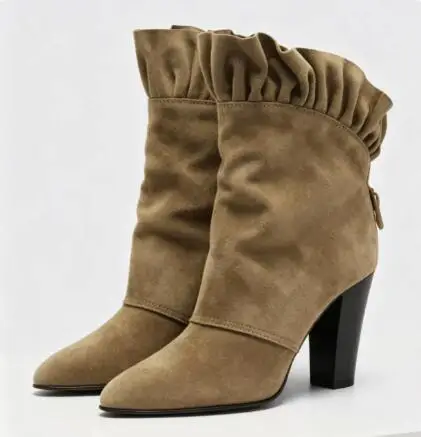 Vintage Khaki Suede Back Lace‑Up Bow Ruffled Trim Ankle Boots Ladies Pointed Toe Chunky Block Heel Party Short Boots Cowboy