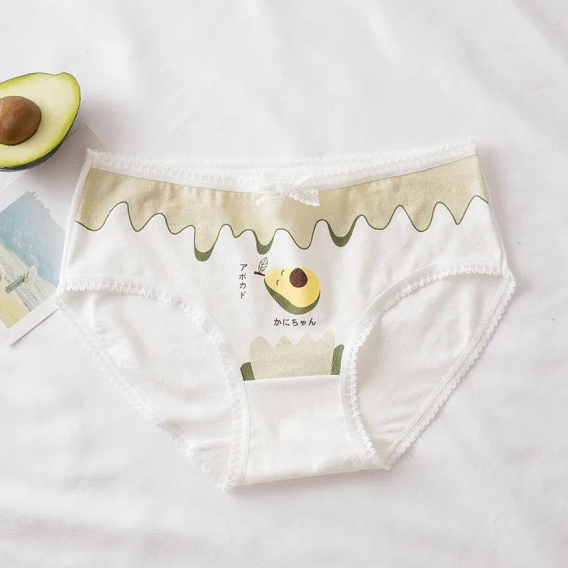 Cotton Underwear Women\'s Mid-Waist Panties Plus Size Avocado Simple Cartoon Panty Girl Student Briefs Print Bow Underpant Female