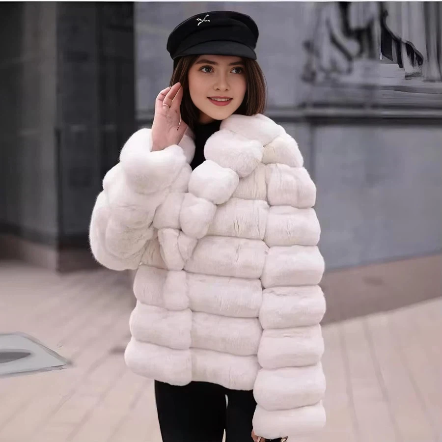 Women Winter Jacket With Natural Fur Warm Ladies Short Overcoat Real Rabbit Fur Coats White