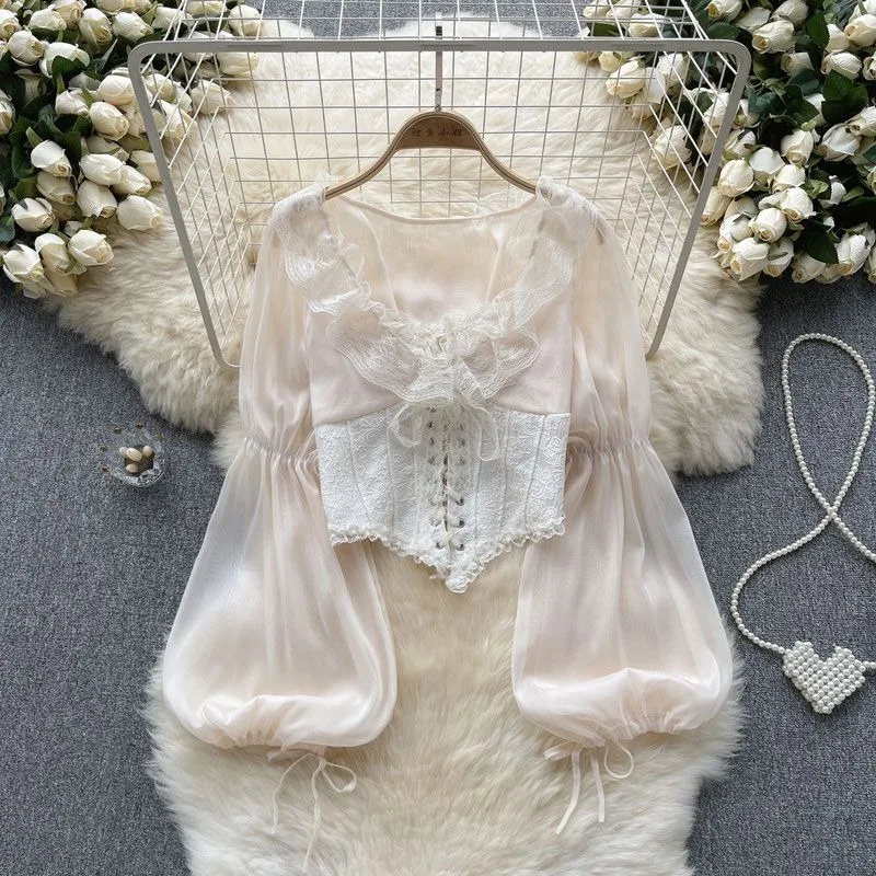 

Women Blouse Chic Lace Flare Long Sleeve V Neck Crop Top Laced Up Solid Slim Sexy Korean Fashion Summer Female Top Clothing