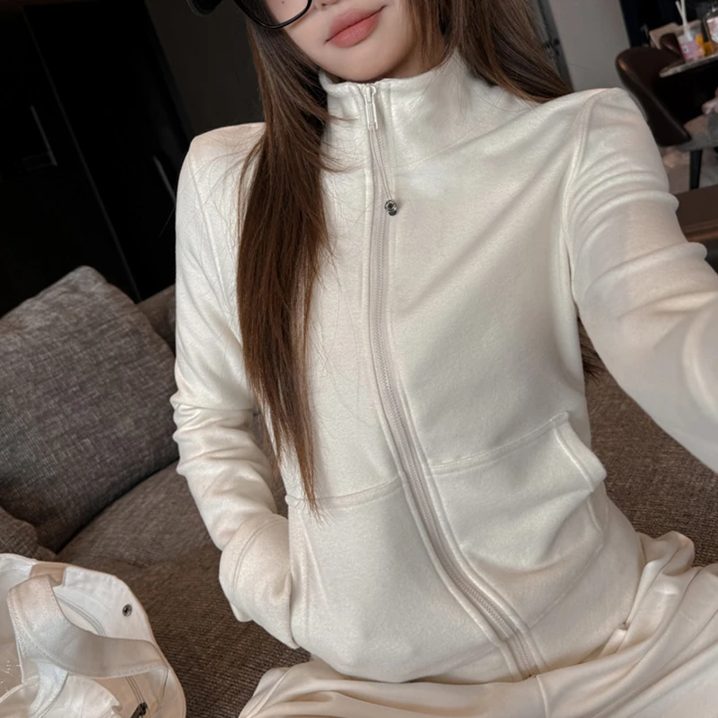 Autumn Winter Long Sleeve Fleece Jackets Women Stand Collar Zipper-Up Slim Fit Sport Coats Woman Korean Solid Color Sweatshirt