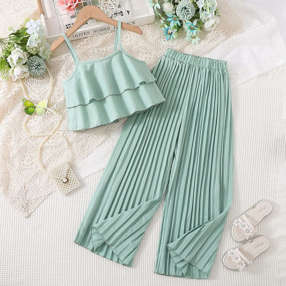 Summer Fashion for Teen Girls Elegant Strap Top with Ruffled Hem and Pleated Pants 2 Piece Outfit Children Stylish Clothing Set