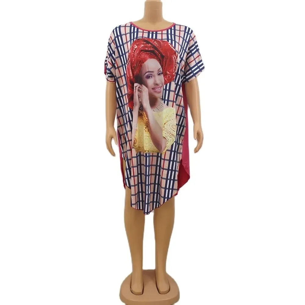 

2023 летние платья с короткими рукавами для женщин, клетчатое платье с круглым вырезом и принтом головы, свободное нерегулярное среднее платье, женское повседневное африканское пляжное платье