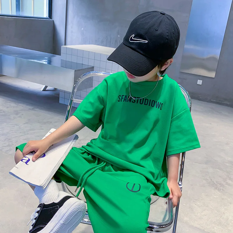 

Trendy Brand Green Boys' Summer Suit2024New Children's Clothes Handsome Summer Medium and Big Children's Casual Two-Piece Suit