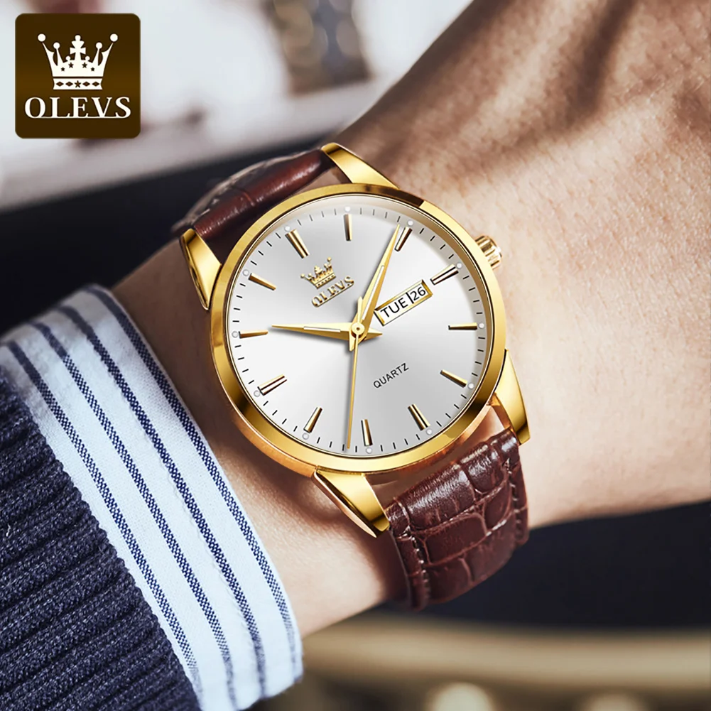 OLEVS-Relógio Quartz de Couro Masculino, Relógios Empresariais, Marca Original, Semana, Calendário, Moda, Impermeável, Relógio de Pulso Masculino, Luminoso