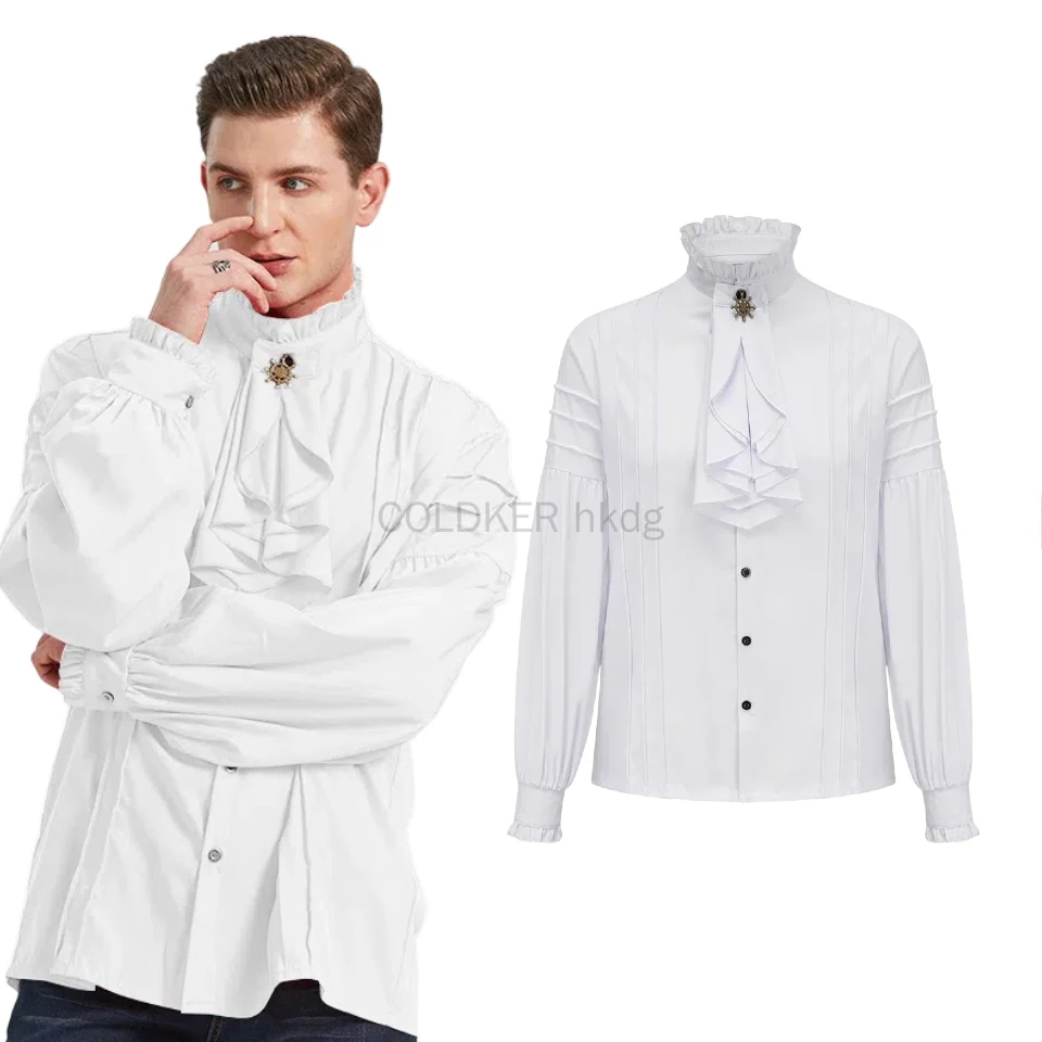 

Women White Ruffled Stand Collar Long Lantern Sleeves Pirate Cosplay Victorian Man Shirt Medieval Clothes Gothic Vintage Top