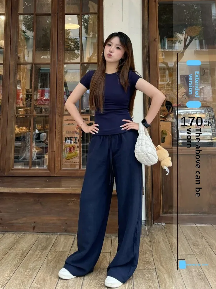 

High Waist Thin Linen Drapey Straight Leg Casual Pants Long Length k Blue Summer Commute Sle Women's Faion