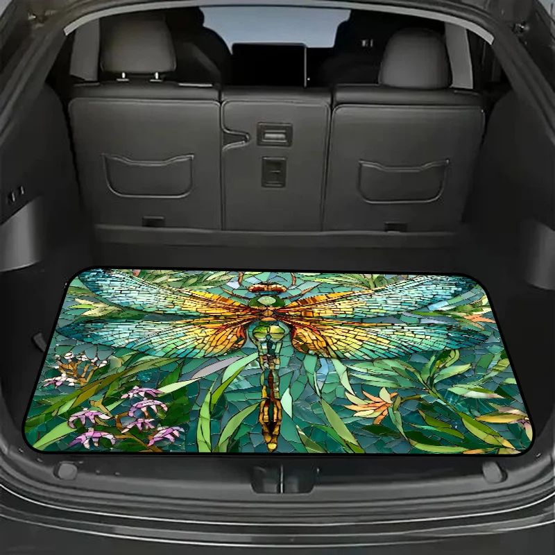 1pc Stylish Car Trunk Mat | Mosaic-Style Dragonfly With Green Body & Yellow Stripes, Colorful Tile Wings, Green Leaves & Pink/Or