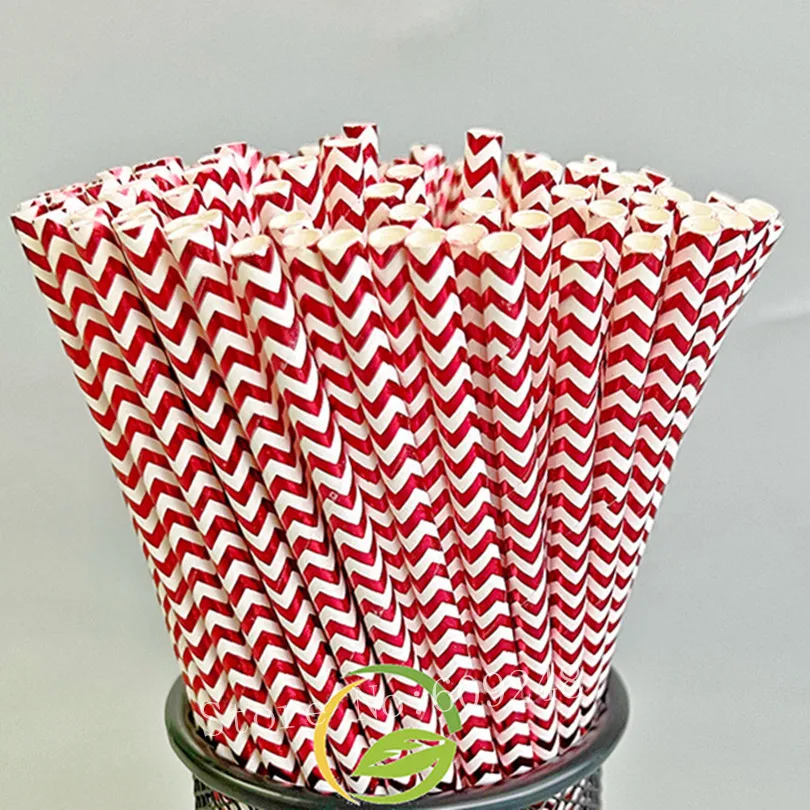 100 Pcs Red Foil Chevron Paper Straws,Metallic Zig Zag Wave Christmas Valentine Patriotic 4th of July Holiday Party Drinking