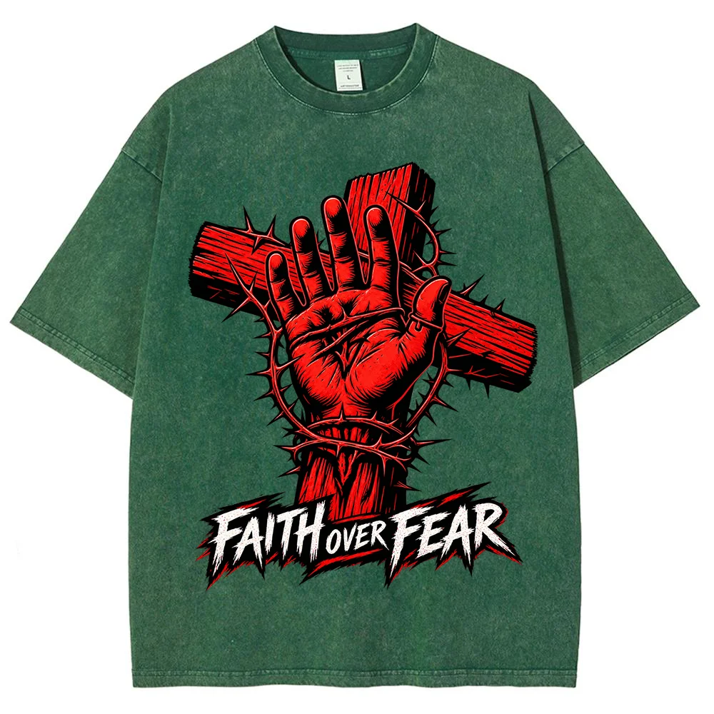 Men Faith Over Fear Graphic T Shirt Cross Thorn Hand Print Short Sleeve Oversized Casual Streetwear Summer Top