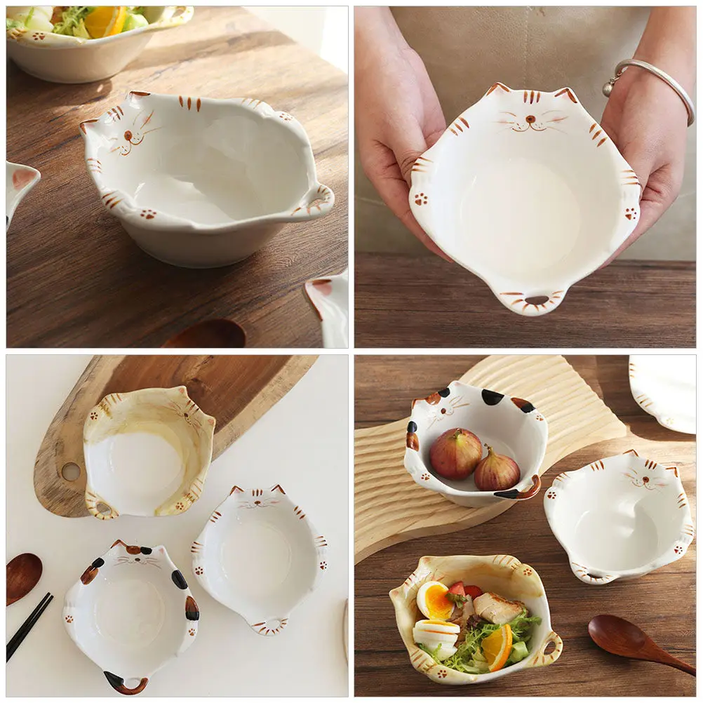

Lovely Kitten Pattern Ceramic Bowl for Kids Meal Snack Fruit Salad Soup Noodle Serving Dish Japanese Style Heat Resistant