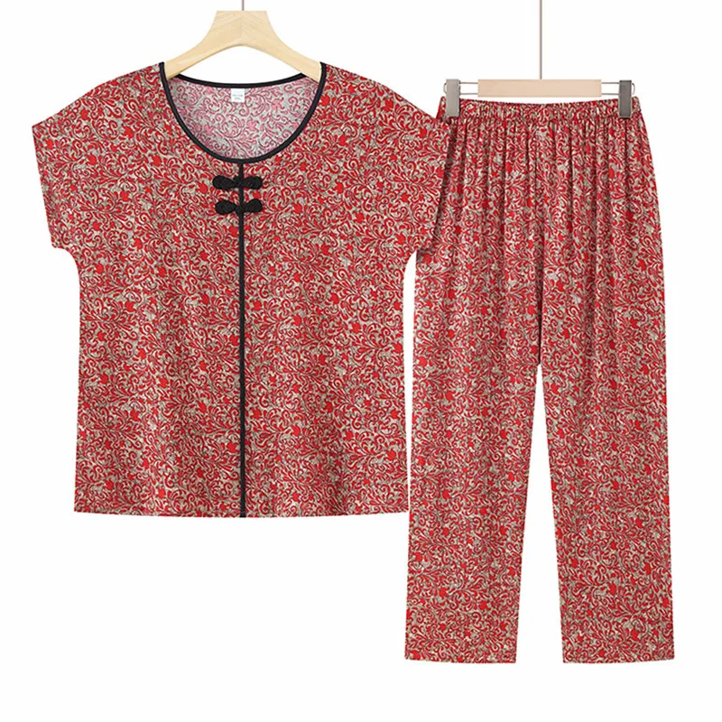 XL-5XL Plus Size Women's Pajamas Set Retro Print Nightwear Clothes Casual Cotton Middle Aged Mother Home Suit New Pijama Mujer