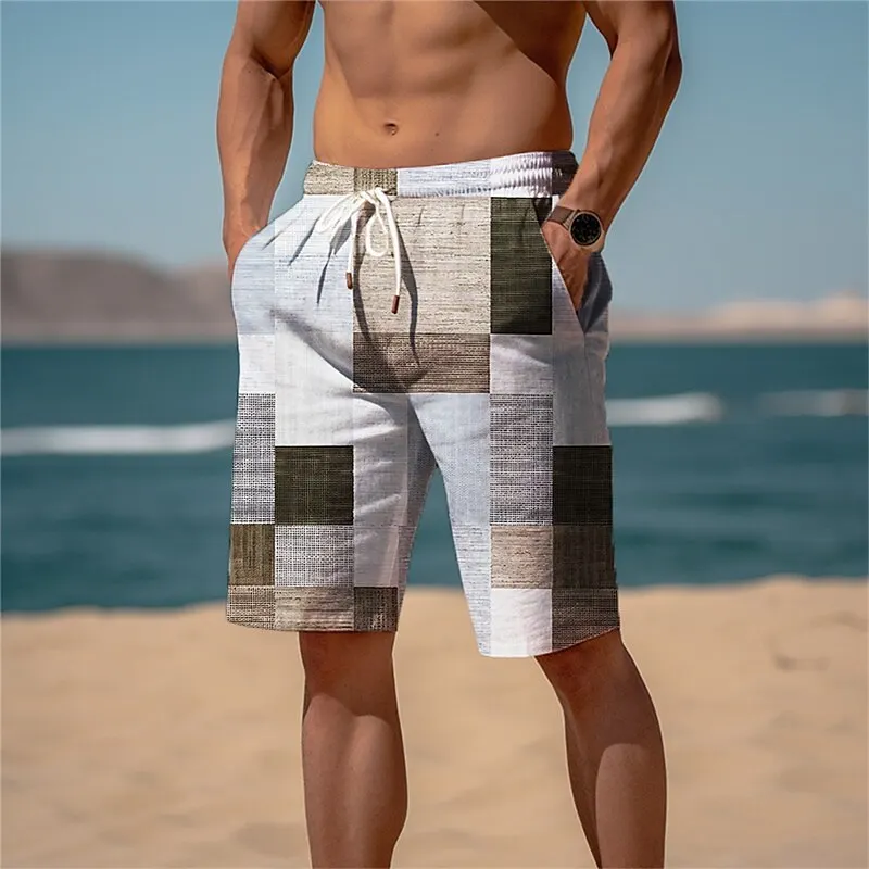 

2025 New Plaid Color Block Men Resort Printed Geometry Board Shorts Swim Trunks Elastic Drawstring Hawaiian Style Holiday Beach