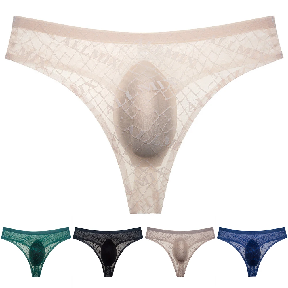 

Men's Thongs Letter Print Briefs See Through Underwear Gay Sissy Bulge Pouch Lingerie Low Waist Underpants Seamless Knickers