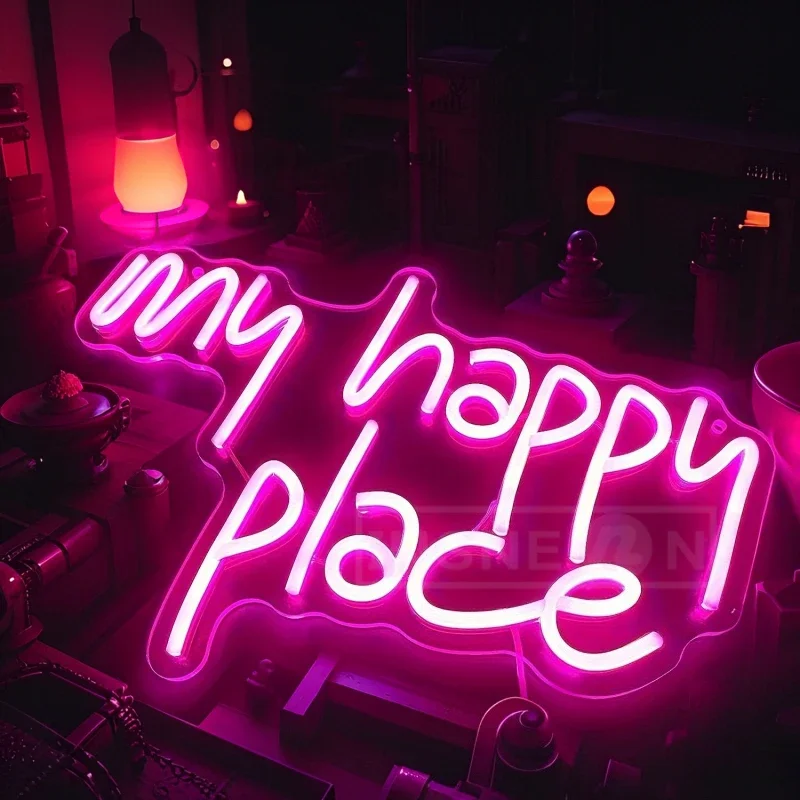 

This Is My Happy Place Neon Sign USB Adjustable Brightness Reusable Party Lighting Wedding Bedroom Wall-Mounted Decor Neon Signs
