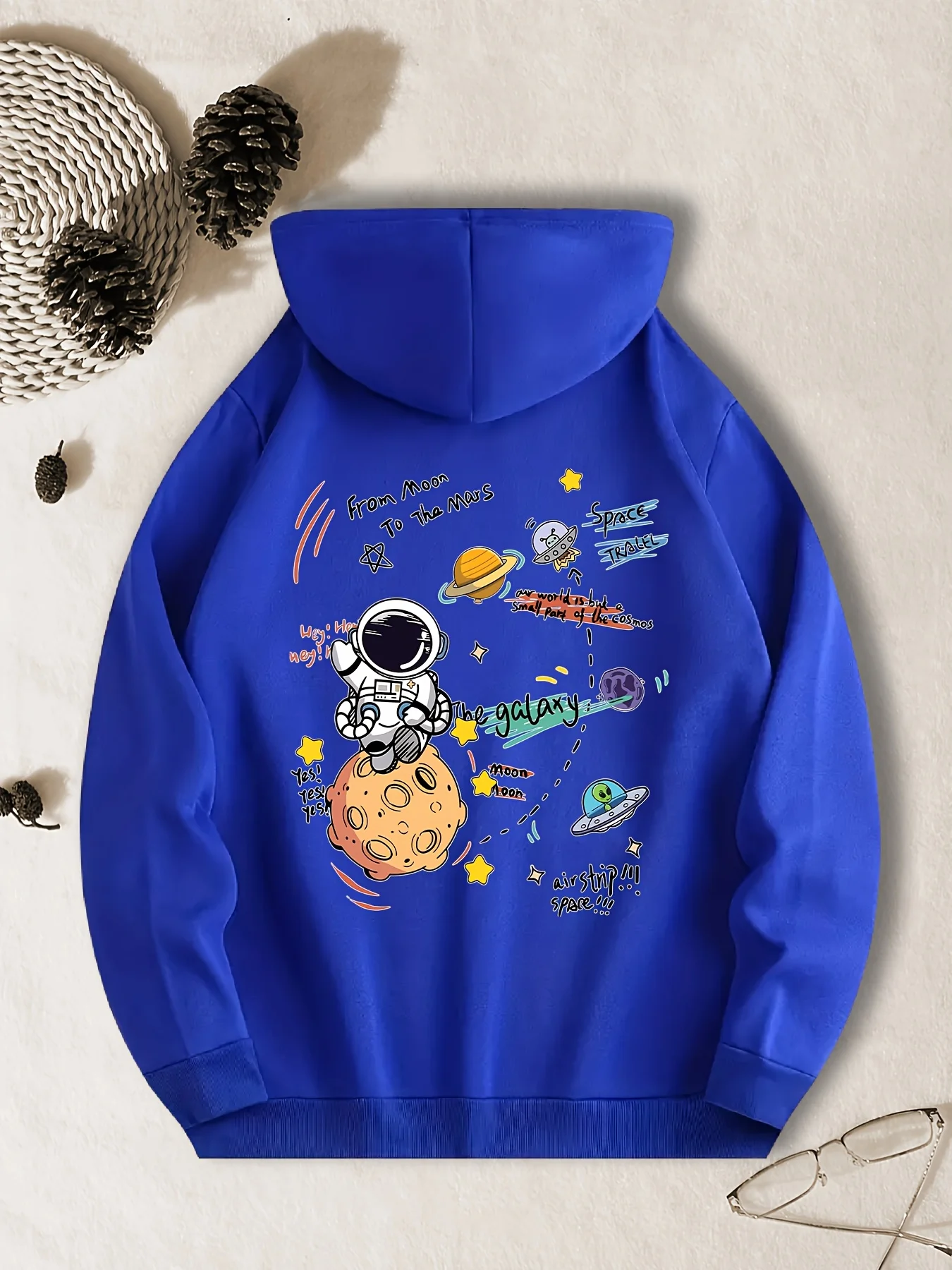 Space Exploration Theme Printed Autumn/Winter Men's Hooded Sweatshirt - Cartoonish Fun Fashion Street Casual Sports Hooded Shirt