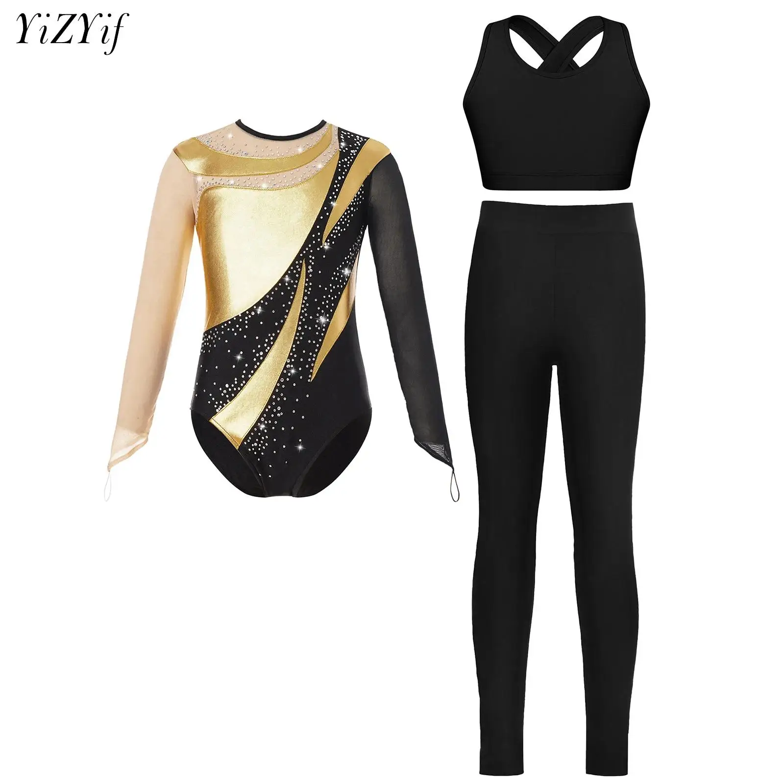 Girls Sport Gymnastics Leotard Set Ballet Dance Wear Figure Skating Costume Long Sleeve Metallic Jumpsuit Vest Top with Leggings