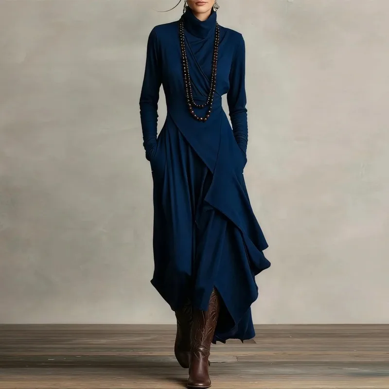 QICHE 2026 Autumn Winter Solid Women Long Sleeve Dress, High Neck Cross Front Irregular Hem Dress