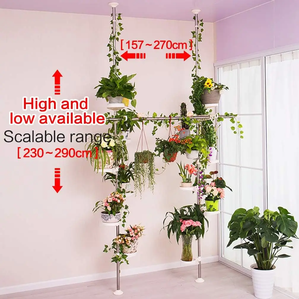 Adjustable Indoor Plant Stands Double Tension Pole Stainless Steel Flower Display Racks Holder Corner Storage Shelves with 12 Tr