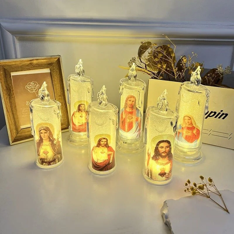 LED prayer flameless candles Jesus Catholic Christian Candle Lights Christmas Madonna Flameless LED Devotional Candle Lights