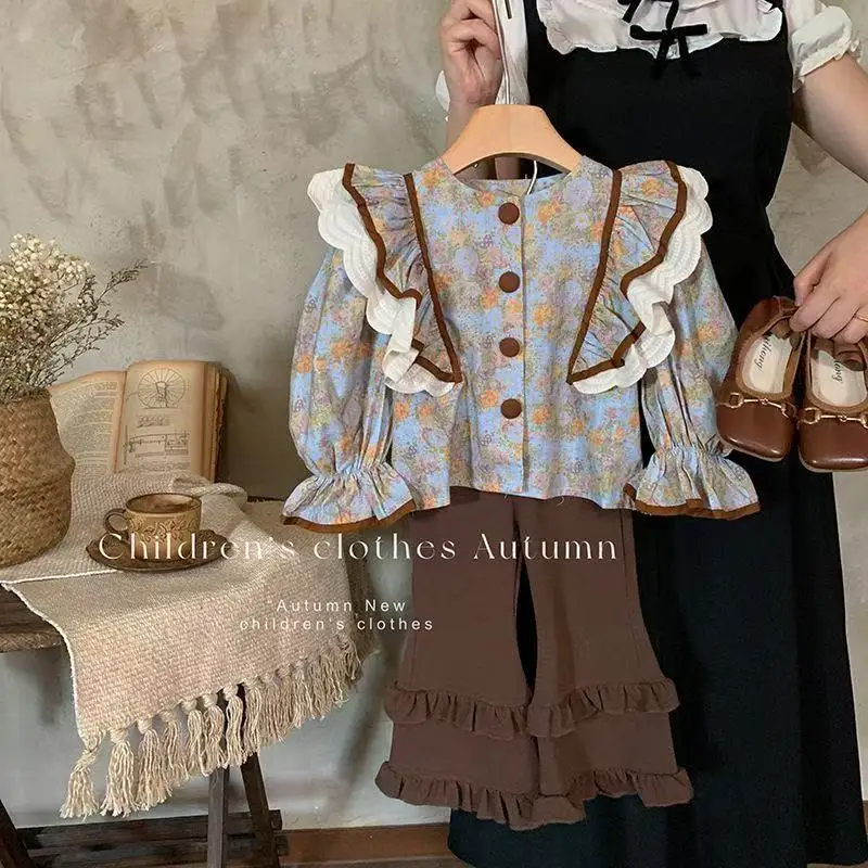 

Girls' Spring and Autumn Set 2025 New Style Children's Fashionable Retro T-shirt+flared Pants Two-piece Set