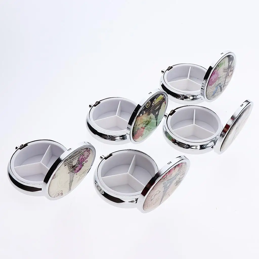 

Metal Pillbox with Mirror Three Compartment Portable Pill Storage Box Daily Organizer for Travel and Purse